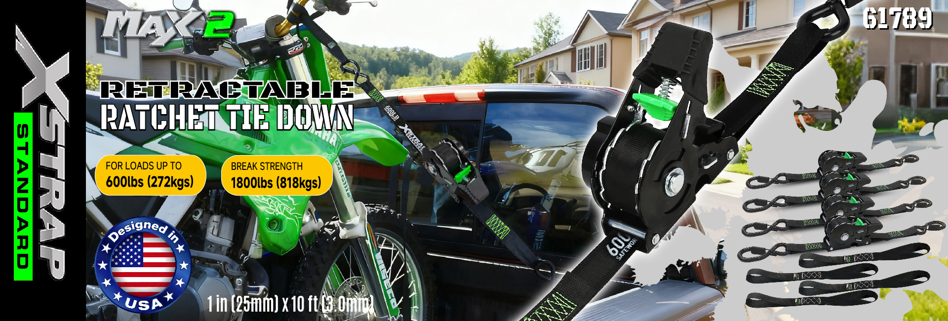 Xstrap 61789 Spanngurte mit einziehbarer Ratsche, 1 Zoll x 10 Fuß, sichere Spanngurte für Motorräder, Jetskis, Kajaks, Bruchfestigkeit 680 kg