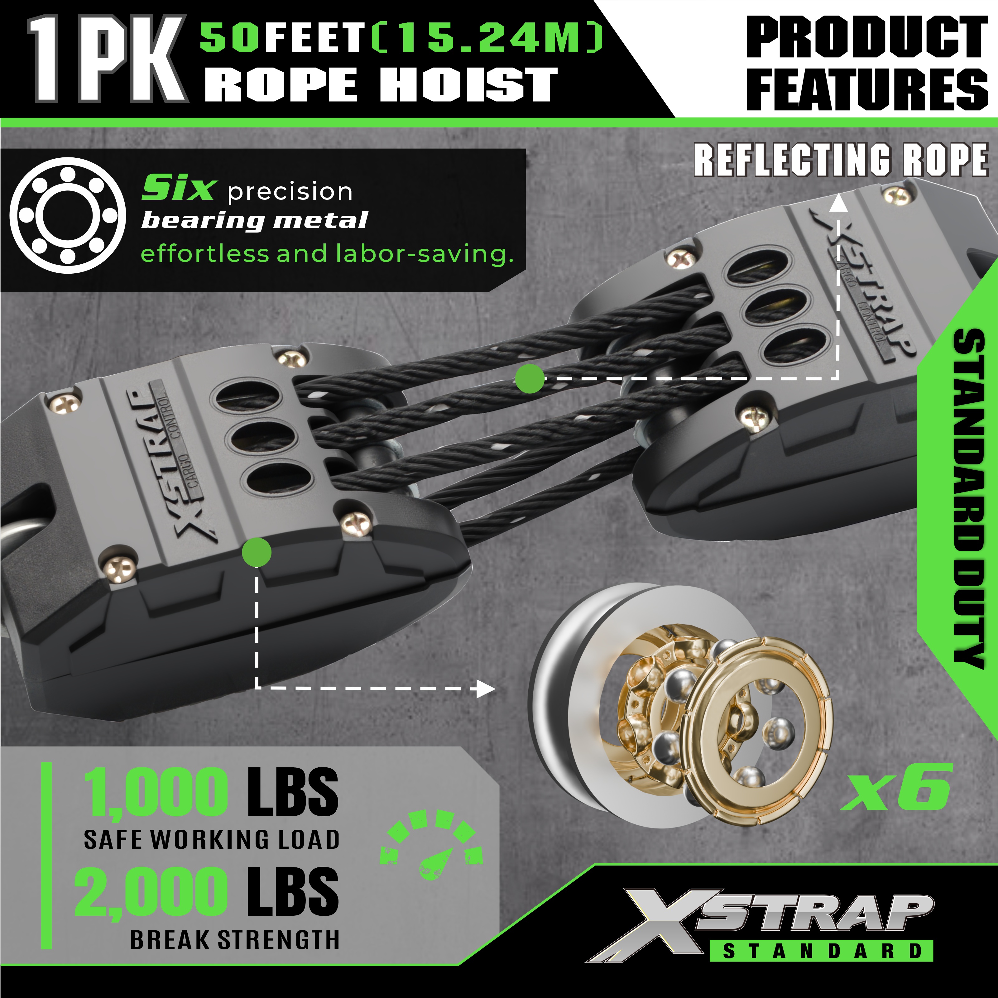 XSTRAP AHLT0003-reflektierendes schwarzes Seilzug-Rollensystem 1000LB