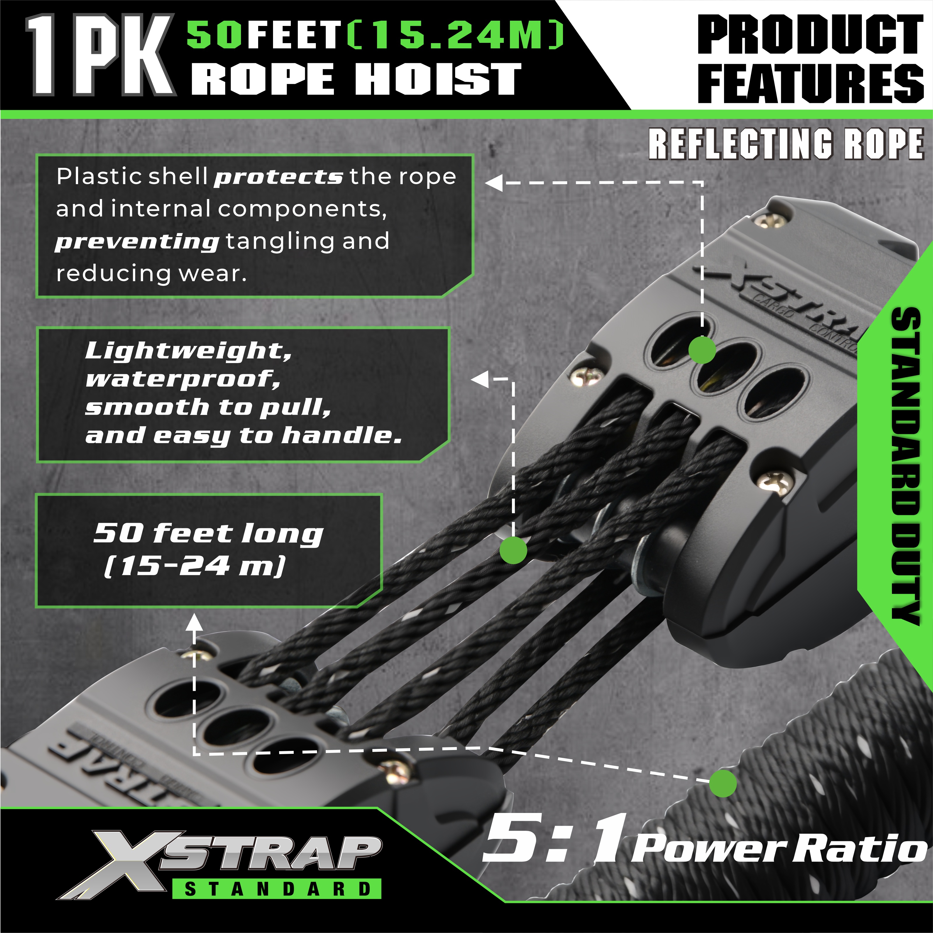 XSTRAP AHLT0003-reflektierendes schwarzes Seilzug-Rollensystem 1000LB