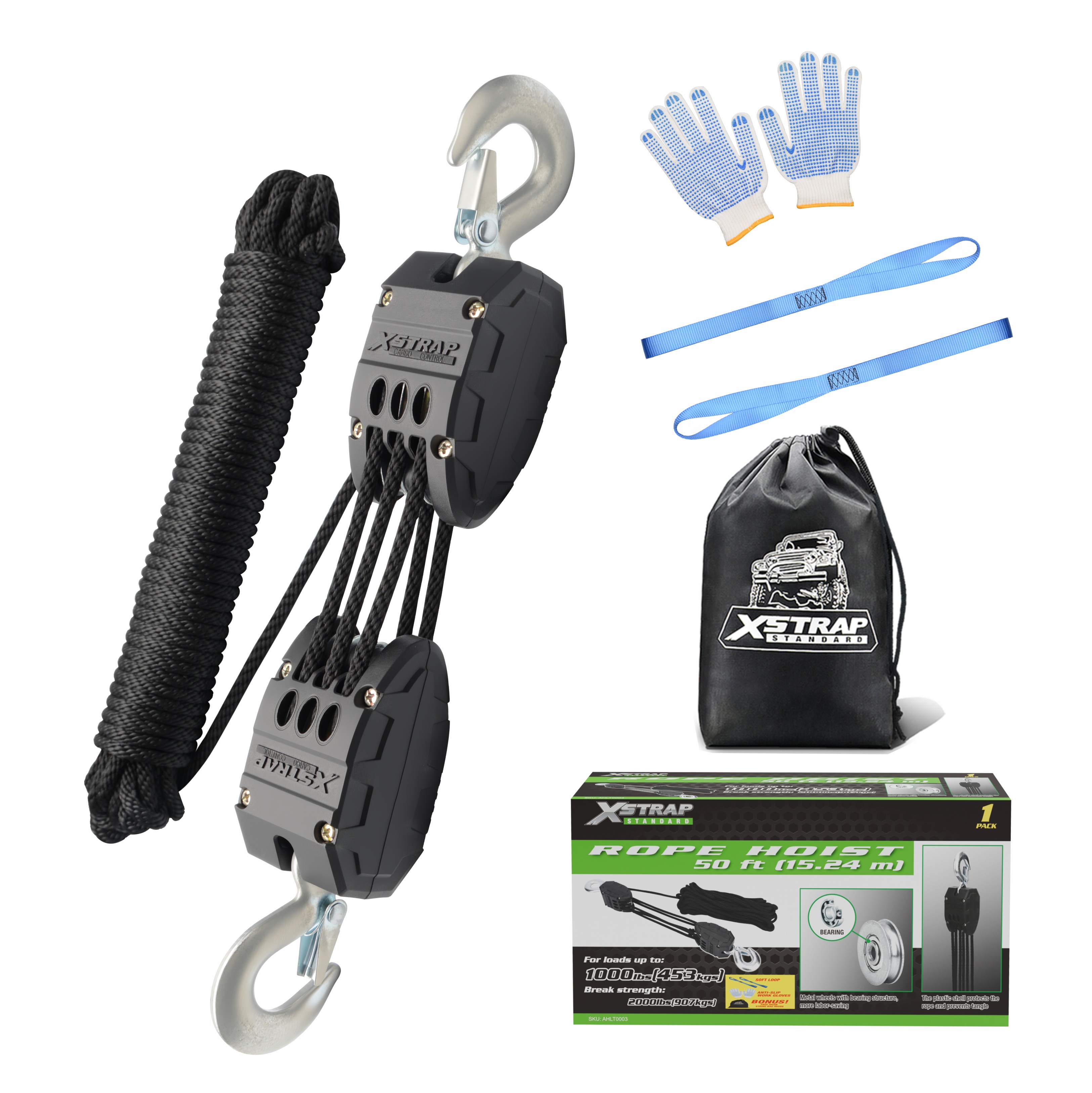XSTRAP AHLT0003 Schwarzes Seilzug-Riemenscheibensystem 1000LB