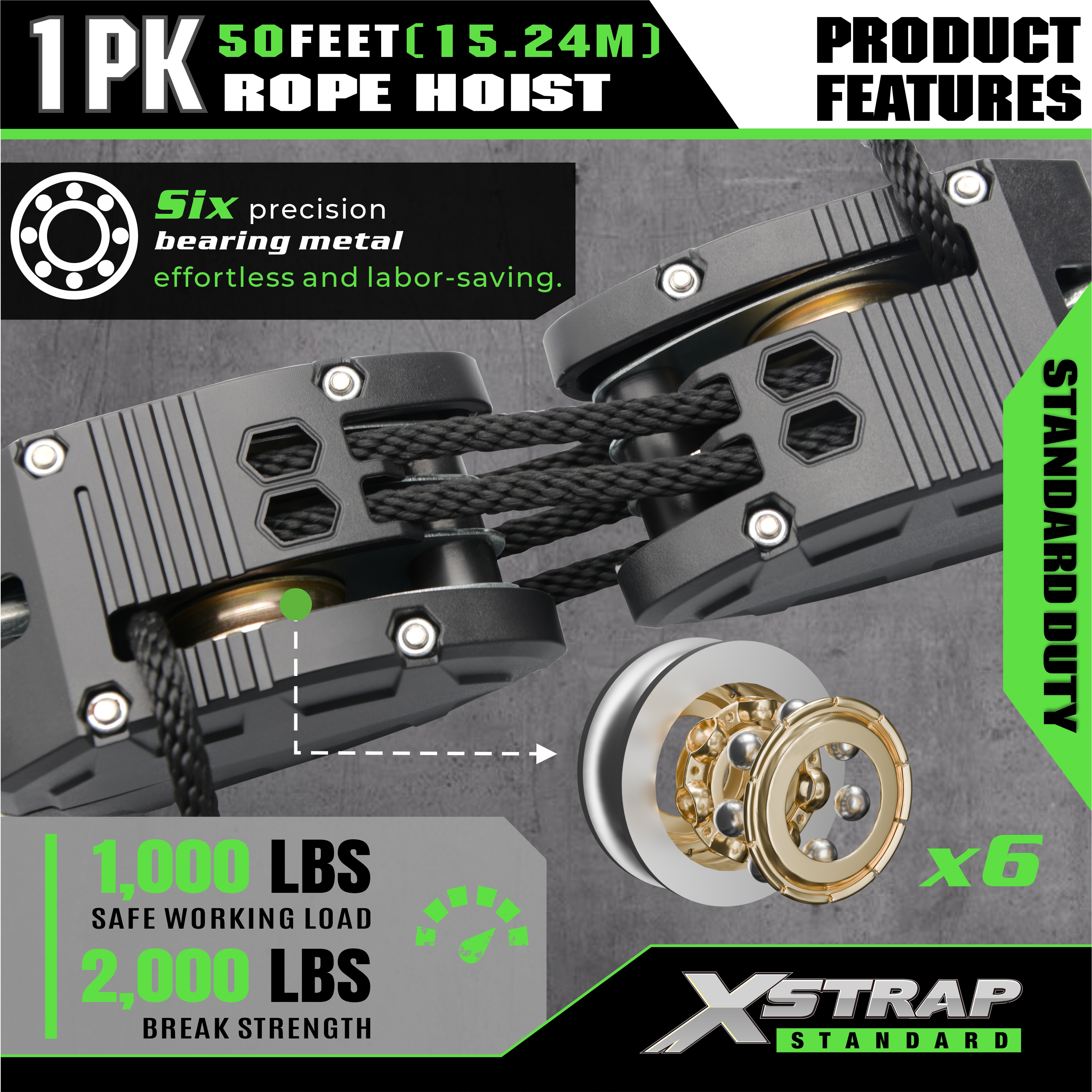 XSTRAP AHLT0003 Schwarzes Seilzug-Riemenscheibensystem 1000LB