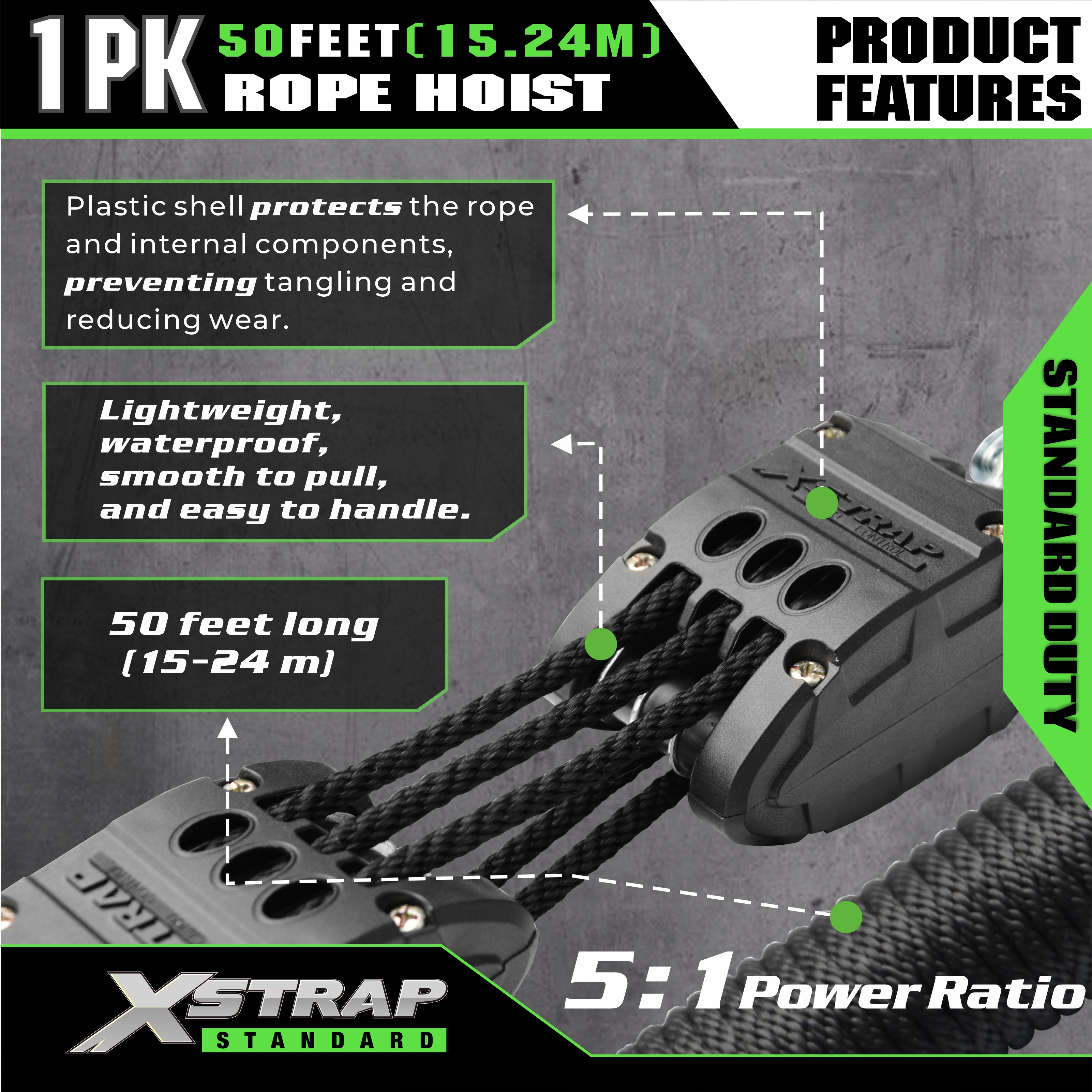 XSTRAP AHLT0003 Schwarzes Seilzug-Riemenscheibensystem 1000LB