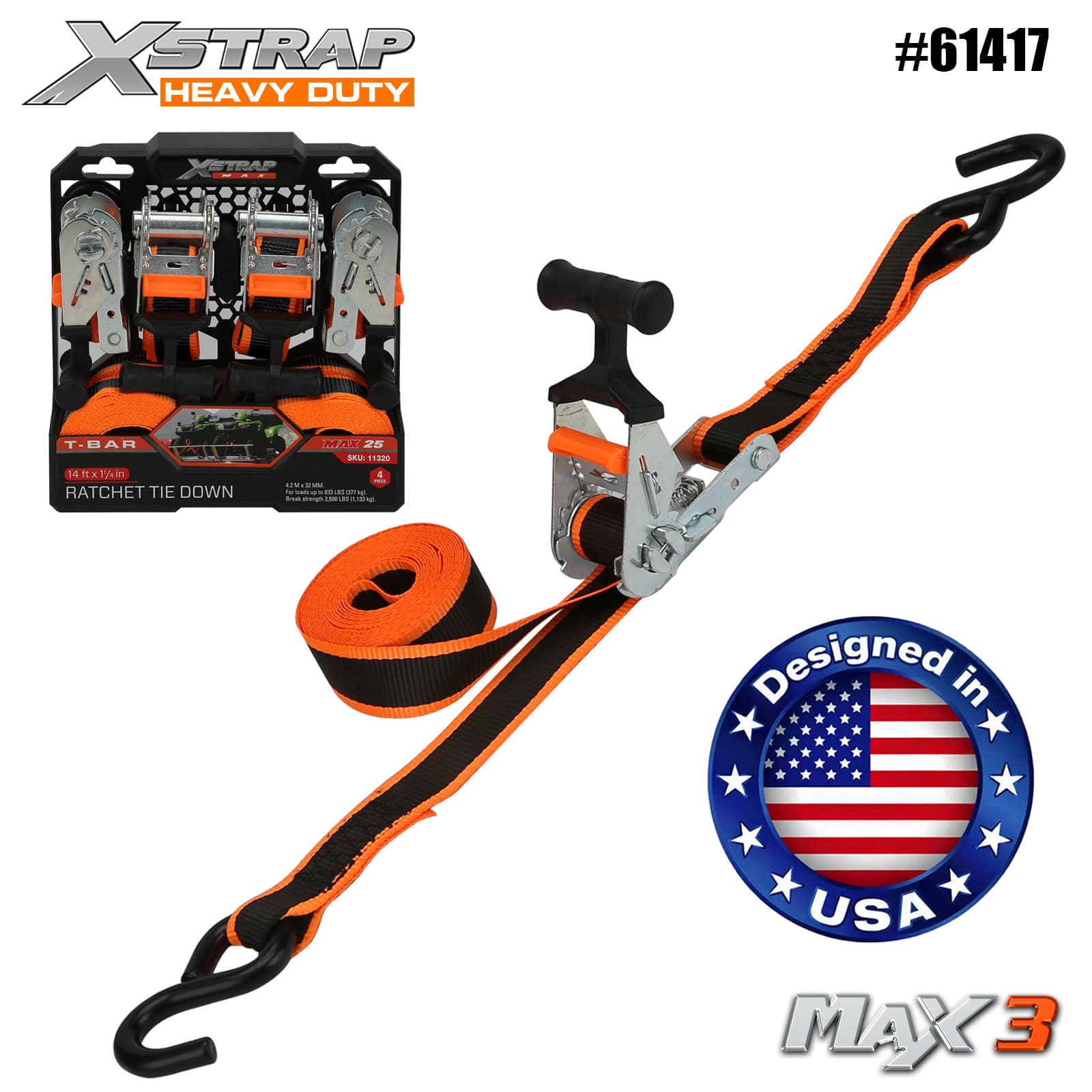 Xstrap 61417 1-1/4 Zoll x 14 Fuß 4er-Pack T-Bar-Ratschen-Zurrgurt, Tragfähigkeit 1000 Pfund