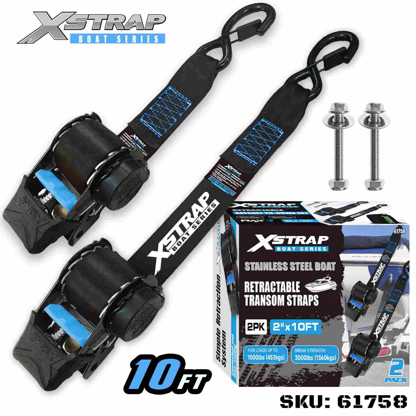 Xstrap 61758 2 Zoll x 3,6 Fuß, 2 Stück, einziehbarer Heckgurt für Boote mit Sicherheits-S-Haken, Tragfähigkeit 1000 Pfund