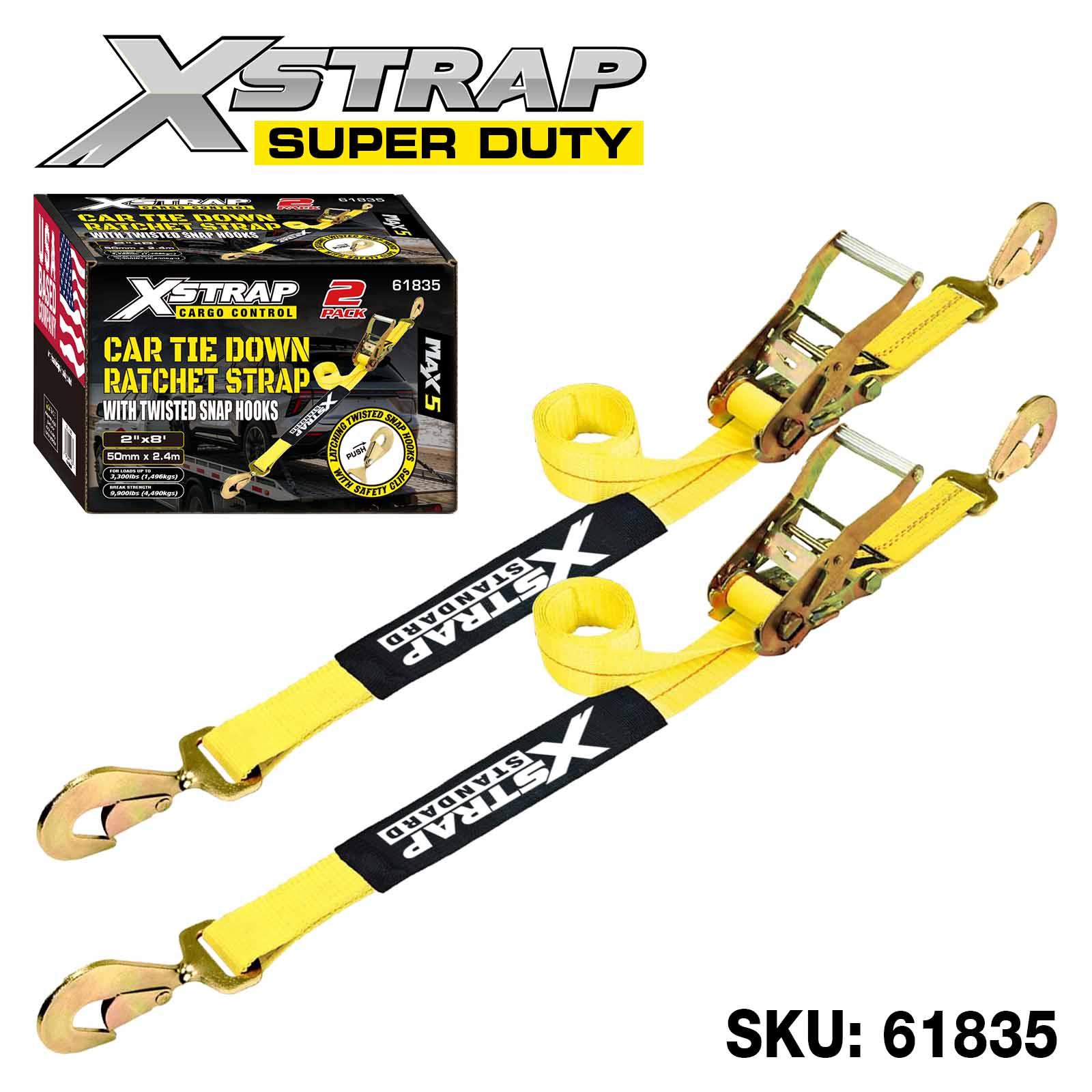 Xstrap 61835 2 Zoll x 8 Fuß 2er-Pack Auto-Spanngurte mit einer Tragfähigkeit von 3.300 Pfund
