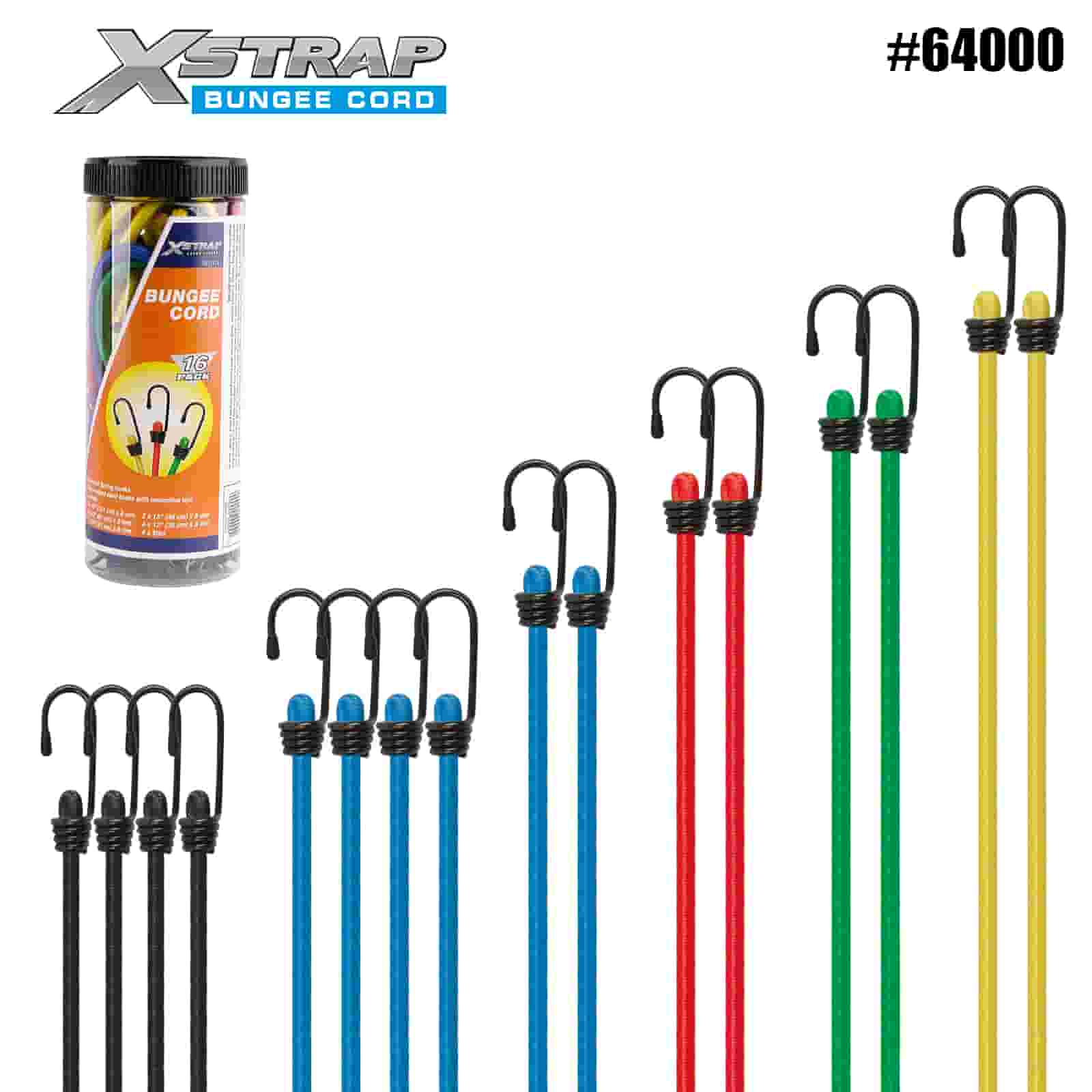 Xstrap 64000 16PK Bungee-Seile-Set 8 mm x 12 Zoll/18 Zoll/24 Zoll/32 Zoll/40 Zoll; 4 mm x 10 Zoll MINI Bungee 44–55 lbs SWL